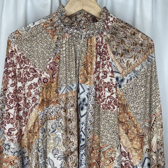 Witchery Santorini Print Raglan Blouse Top Size 14 Balloon Sleeve Cotton Boho - Picture 6 of 16